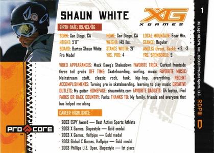 2004 Pro Core Sports X Games #1 Shaun White Back